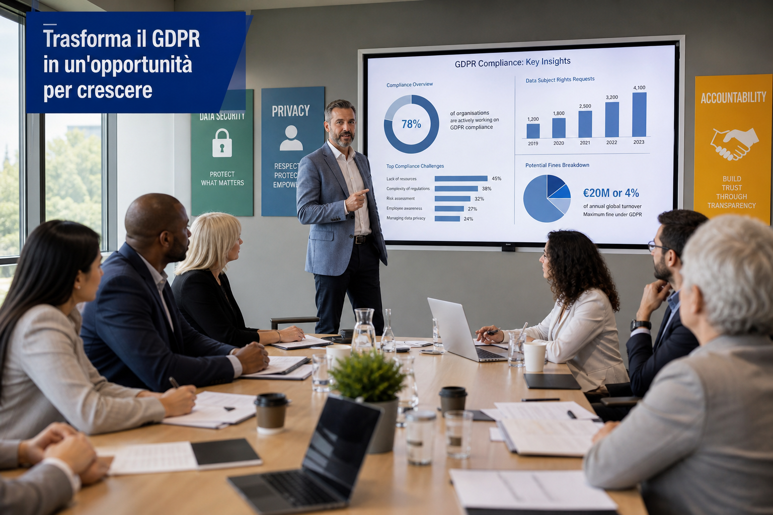 Entrepreneurs Discussing GDPR in Modern Conference Room