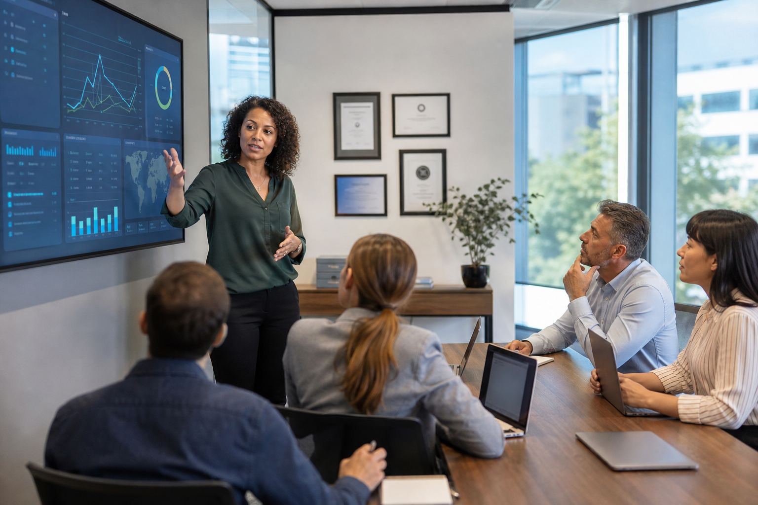 Modern Office Meeting with Data Visualization and Plant