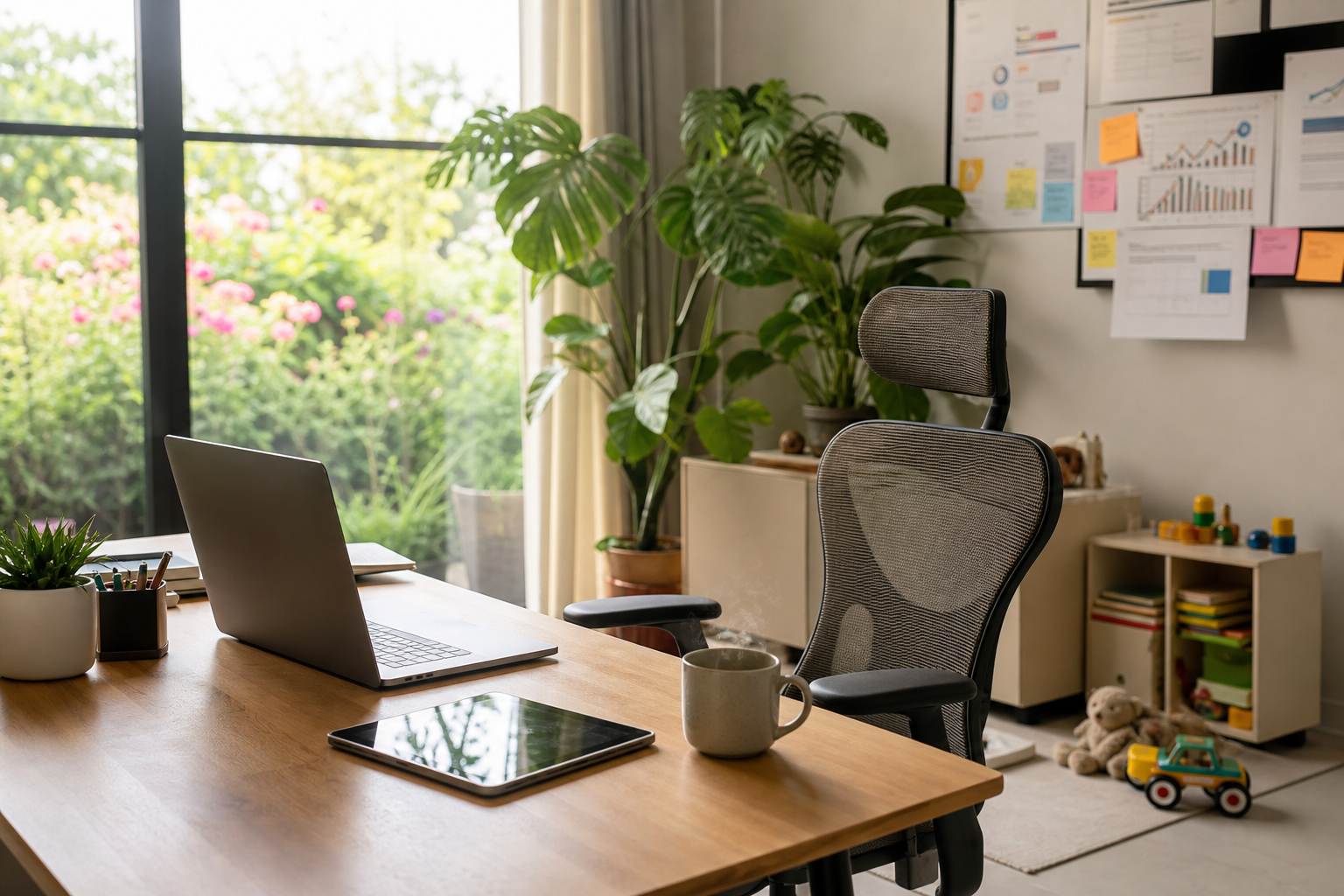 Modern Office Workspace with Plants and Gadgets