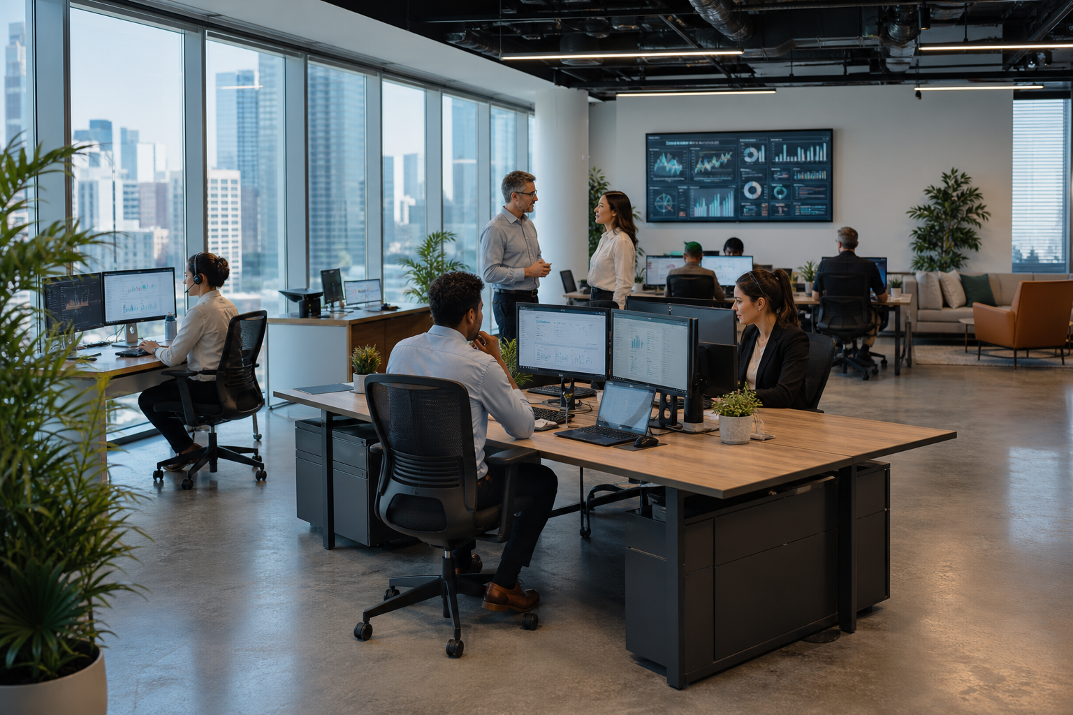 Modern Workspace with Tech and Greenery