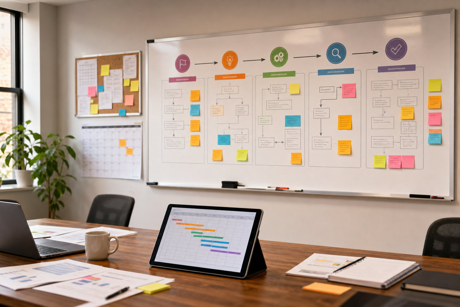 Organized Workspace with Whiteboard and Project Timeline