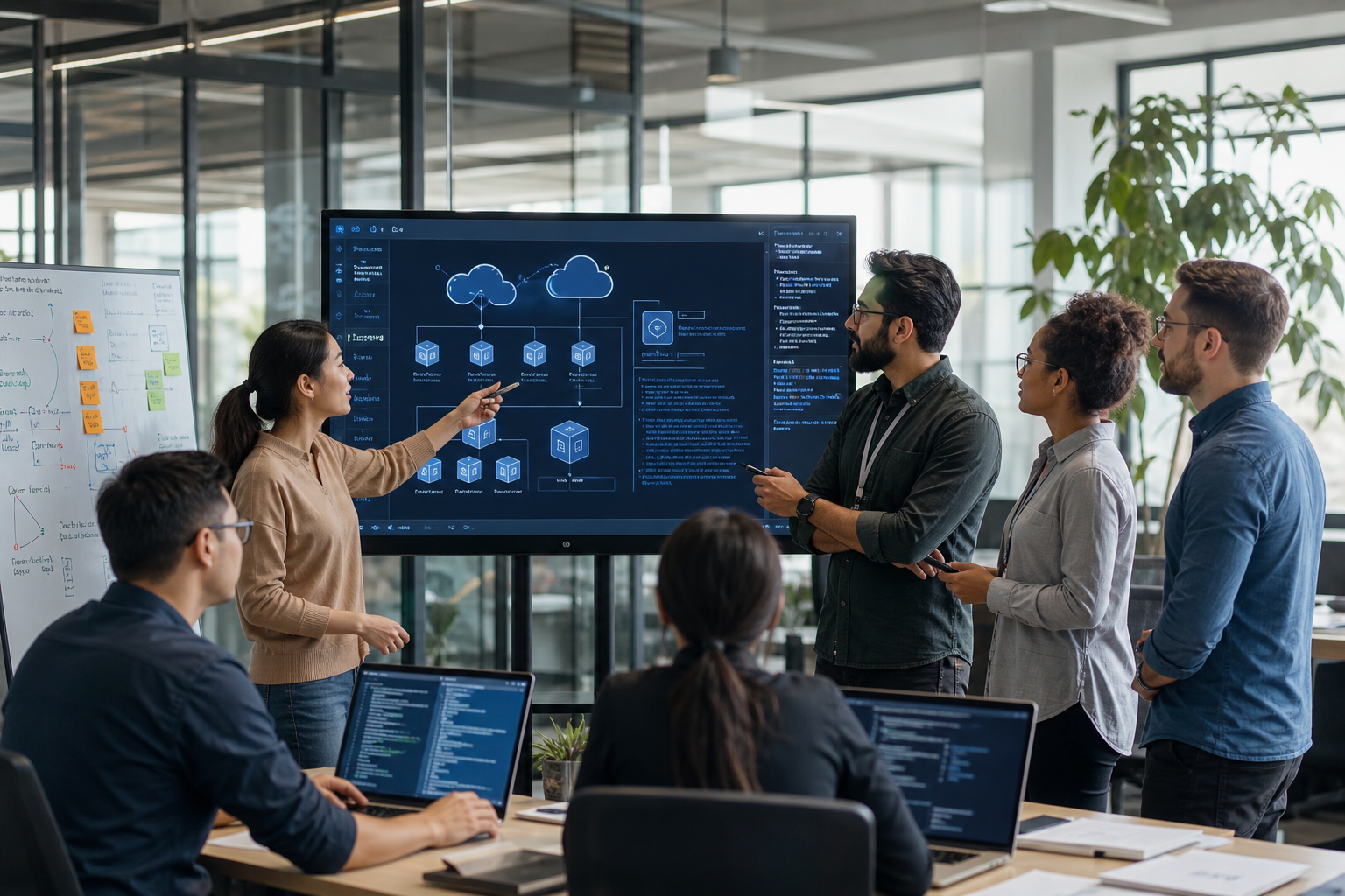 Tech Team Collaborating on Cloud Architecture Diagrams
