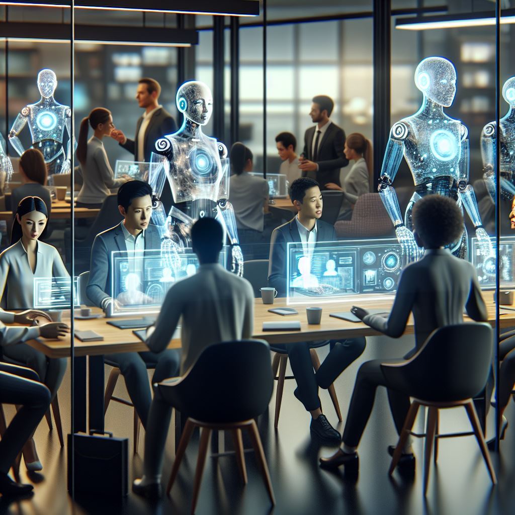 Unimmagine futuristica che mostra un team di esseri umani e agenti di intelligenza artificiale che 
